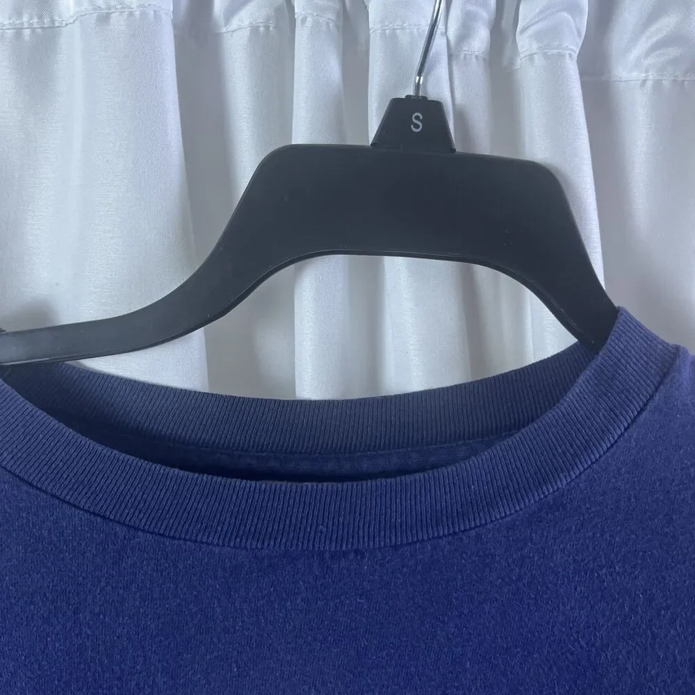 Vintage Adidas Navy Blue Men’s Graphic T-shirt Suze Blade Of Sport 3 Bars Logo